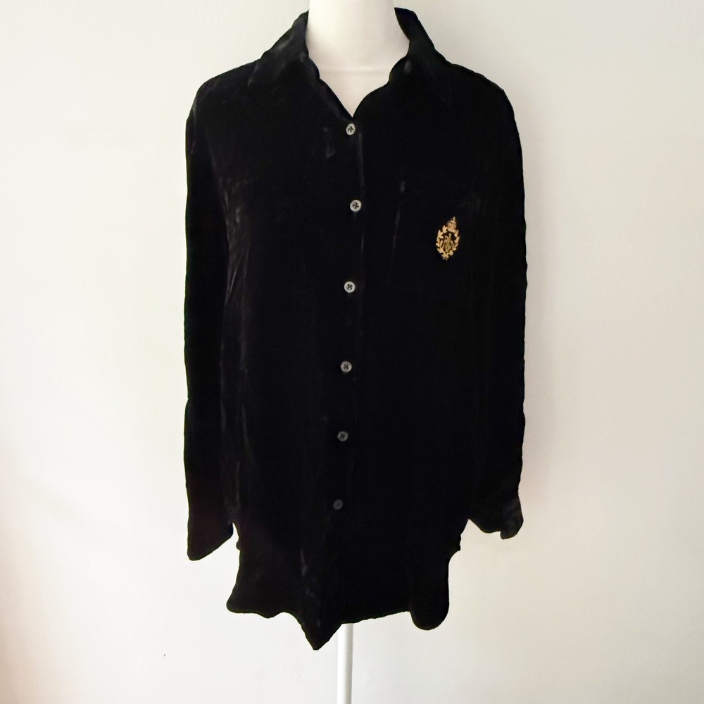 Lauren Ralph Lauren Velvet Shirt Women PS Black Silk Blend Crest Quiet Luxury
